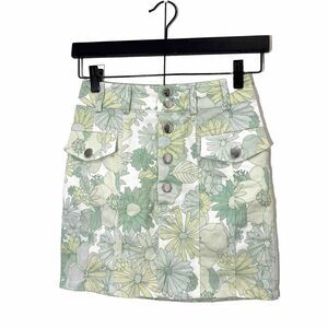 For Love And Lemons Denim Mini Skirt Women’s XS Floral Green Button Front Hippie